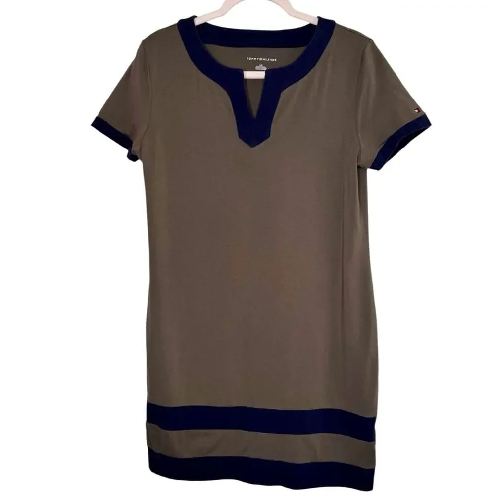 Tommy Hilfiger Womens Contrast Trim Shift Dress Taupe Navy Size Large